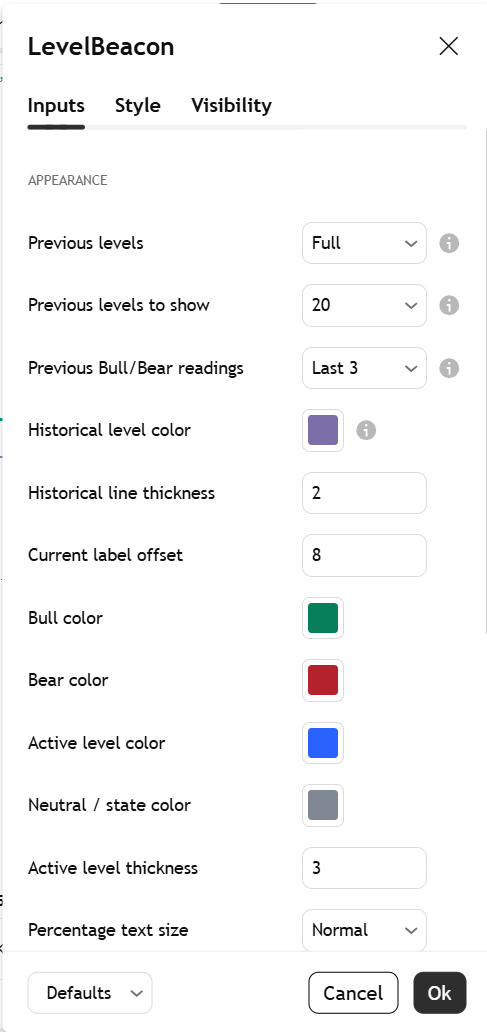LevelBeacon Appearance settings panel in TradingView