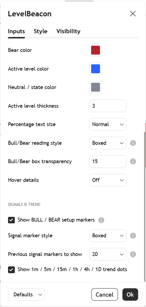 LevelBeacon Signals and Trend settings panel in TradingView