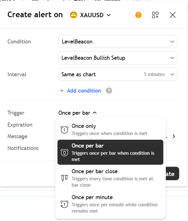 TradingView Trigger menu showing Once per bar close as an available option