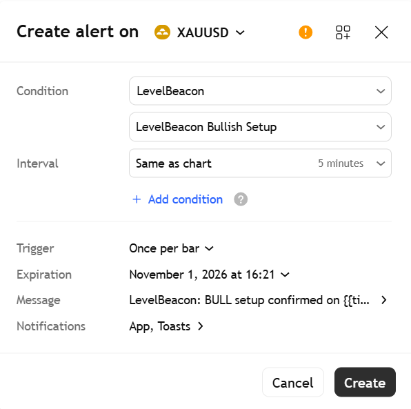TradingView Create Alert window with LevelBeacon selected as condition