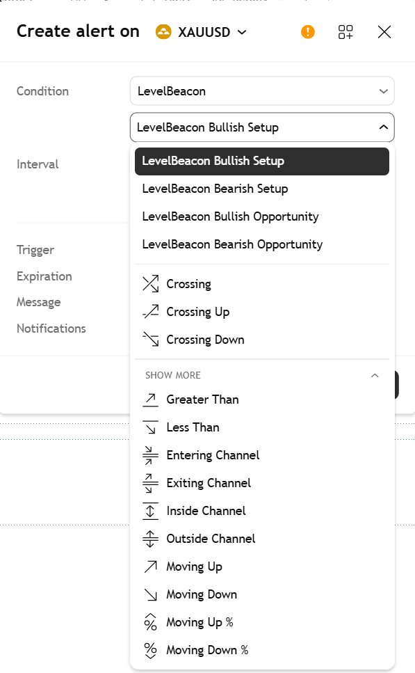 TradingView alert condition dropdown listing four LevelBeacon alerts